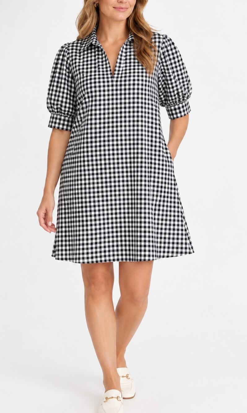 Jude Connally Emerson Gingham Check Puff Sleeve Dress Black White L Stretch